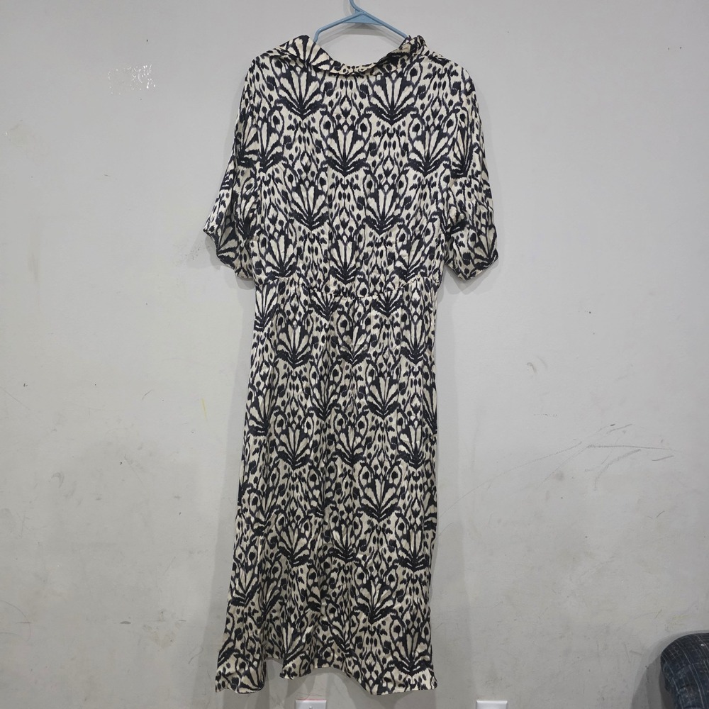 Esqualo Serendipity Black Cream Ikat Print Midi Button Down Dress Womens 12 NEW - Picture 9 of 9